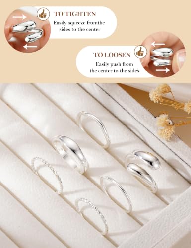 Apsvo Gold Rings for Women Non Tarnish, 6Pcs 14K Gold Plated Stackable Chunky Rings Set Trendy Statement Wedding Bands Pinky Thumb Rings Stacking Size 5-10 - color: Silver