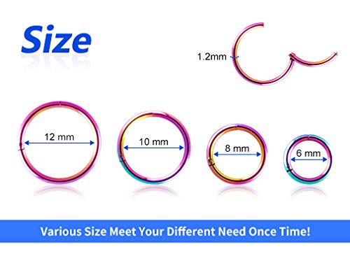 4Pcs 16G 18G 20G Surgical-Steel-Piercing-Ring-Nose-Rings-Hinged-Hoop-Earrings,6mm 8mm 10mm 12mm Seamless Stainless Steel Clicker Eyebrow Septum Piercing Hoop,Sliver Black Gold Rose Gold Rainbow Body Jewelry Set - color: 16G Rainbow