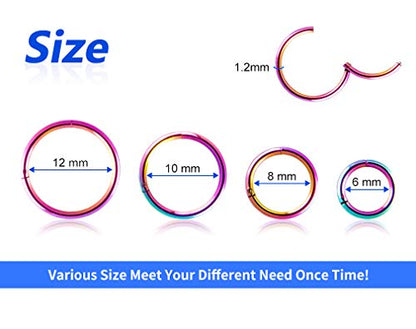 4Pcs 16G 18G 20G Surgical-Steel-Piercing-Ring-Nose-Rings-Hinged-Hoop-Earrings,6mm 8mm 10mm 12mm Seamless Stainless Steel Clicker Eyebrow Septum Piercing Hoop,Sliver Black Gold Rose Gold Rainbow Body Jewelry Set - color: 16G Rainbow