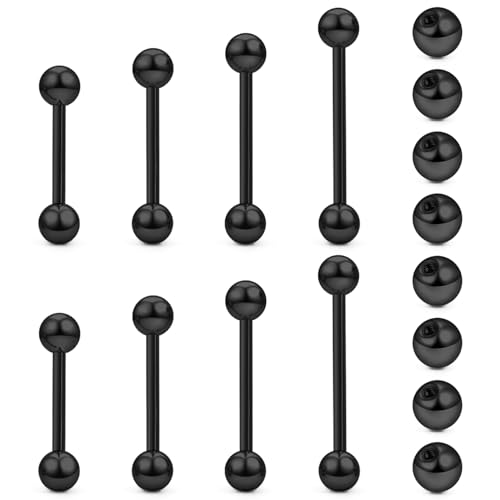 14G 16G Nipple Tongue Rings Stainless Steel Straight Barbells Piercing Jewelry Short Long Bar Silver Black Gold Bridge Piercings For Women Men 12Mm 14Mm 16Mm 18Mm Length Ball Size 5MM 6MM - color: Black 14g Barbell Piercing Jewelry