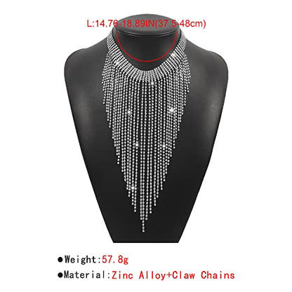Aomcisi Fashion Women Sexy Rhinestone Bib Choker Necklace Tassel Long Chain Necklace - color: Silver