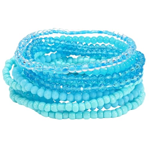 Bohemian Multilayer Beaded Stackable Stretch Bracelets for Women Colorful Crystal Glass Resin Seed Beads Elastic Wristbands BFF Friendship Summer Beach Hawaii Jewelry - color: Blue