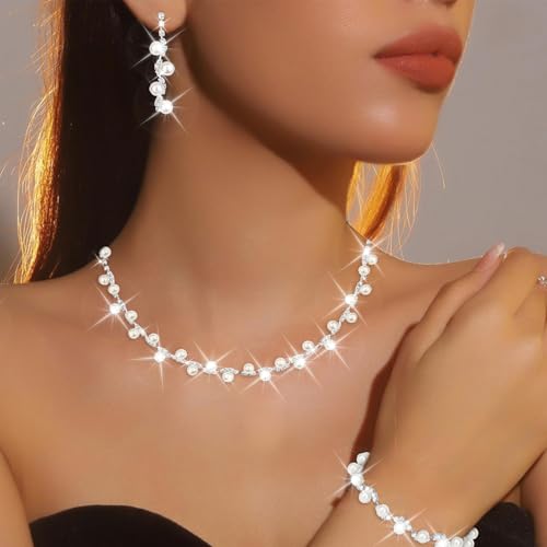 CAVETEE Jewelry Set - Prom Jewelry Crystal Bridal Necklace, Bracelet & Pendant Earring Jewelry Set for Women - style: Pearl