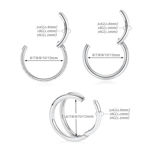GAGABODY 2 Pcs Nose Rings 22G 20G 18G 16G 14G 12G 10G 8G Surgical Steel Piercing Rings for Nose Septum Cartilage Helix Tragus Conch Rook Daith Lobe from 5mm to 16mm Seamless Hoop Unisex Hinged Earrings - color: Silver-Single&Double&CZ Hoop