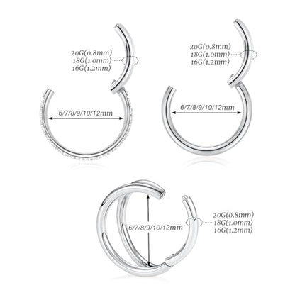 GAGABODY 2 Pcs Nose Rings 22G 20G 18G 16G 14G 12G 10G 8G Surgical Steel Piercing Rings for Nose Septum Cartilage Helix Tragus Conch Rook Daith Lobe from 5mm to 16mm Seamless Hoop Unisex Hinged Earrings - color: Silver-Single&Double&CZ Hoop