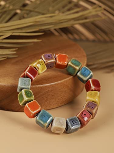 Boho Hippie Colorful Ceramic Beads Strand Stretch Bracelet, Bohemian Summer Beach Jewelry Gift for Women - color: S02