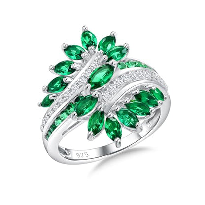 Statement Flower Ring Cocktail Leaf Ring Birthstone Anniversary Signet Ring | Hypoallergenic|14K Gold Plated|Sterling Silver Sparkling Engagement Promise Party Ring for Women, Size 6 to 10(With Box) - color: Leaf -White Gold Emerald