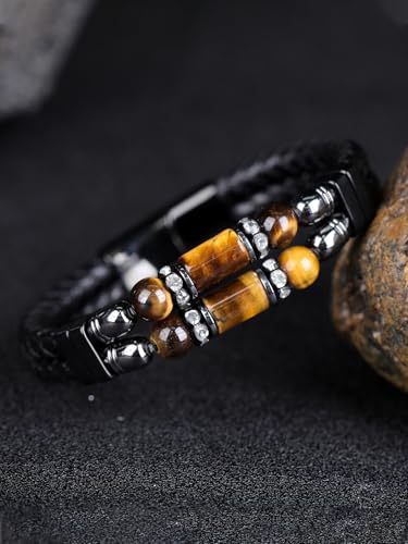 Mens Leather Turquoise/Tiger Eye/Obsidian/Lava Stone Bracelet–Braided Multi‑Layer Wristband Cuff Bangle Barcelet–Jewelry Box and Pouch Packing - color: Tiger Eye Stone, size: 9in(Fits larger wrists)