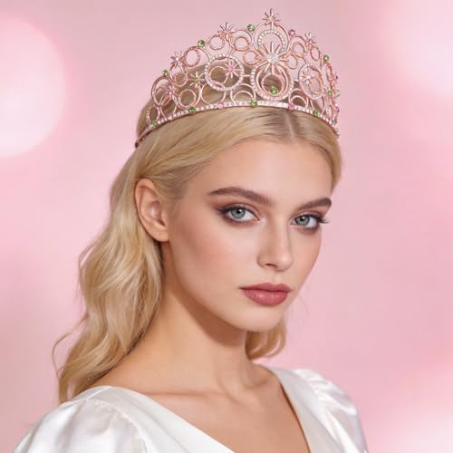 Crystal Crowns for Women, Crystal Bubble TiaraBride Royal Queen Headband Princess Headpieces for Women Bridal Wedding Prom Birthday Party Crowns - color: Rose Gold Pink Green