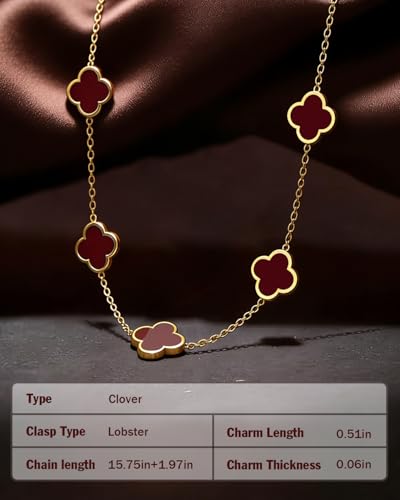 Four Leaf Clover Necklace 18K Gold Plated Necklaces for Women Lucky Flower Pendant Adjustable Link Chain Stainless Steel Dainty Trendy Simple Jewelry Gifts for Women - color: 5G-Single Red