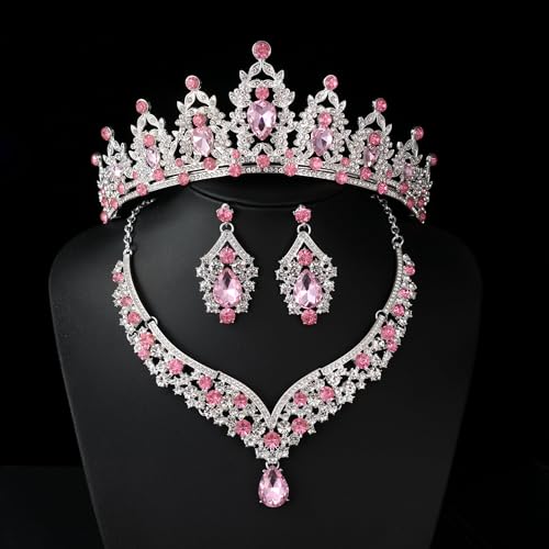 Tiaras and Crowns for Women,Tiaras Earrings Necklace, Crystal Bridal Jewelry Set - color: Pink