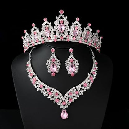 Tiaras and Crowns for Women,Tiaras Earrings Necklace, Crystal Bridal Jewelry Set - color: Pink