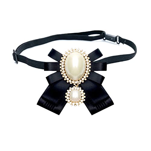 FASELE Bow Brooch Pre-Tied Neck Tie Pearl Brooch Pin Striped Bow Tie for Women Wedding Party Bow Tie - color: Black/Adjustable