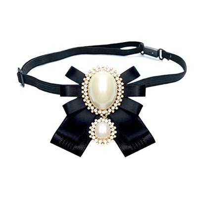 FASELE Bow Brooch Pre-Tied Neck Tie Pearl Brooch Pin Striped Bow Tie for Women Wedding Party Bow Tie - color: Black/Adjustable