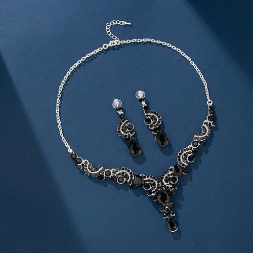 Paxuan Crystal Bridal Wedding Jewelry Sets for Women Rhinestone Teardrop Crystal Statement Choker Necklace Drop Earrings Link Bracelets Rings Teardrop Jewelry Set for Brides Bridesmaids - color: Necklace+Earrings+Bracelet+Ring（Black) - N