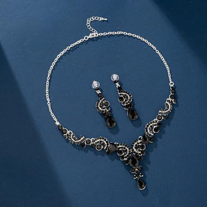 Paxuan Crystal Bridal Wedding Jewelry Sets for Women Rhinestone Teardrop Crystal Statement Choker Necklace Drop Earrings Link Bracelets Rings Teardrop Jewelry Set for Brides Bridesmaids - color: Necklace+Earrings+Bracelet+Ring（Black) - N