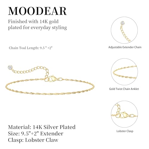 Moodear Ankle Bracelets for Women 14K Silver Plated Layered Chain Anklets | Waterproof Non Tarnish Adjustable Double Layer Anklet with Satellite Bead Chain Design for Summer Beach Jewelry Gift - color: silver-7