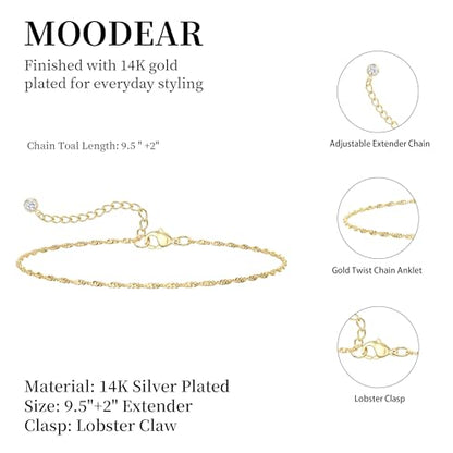 Moodear Ankle Bracelets for Women 14K Silver Plated Layered Chain Anklets | Waterproof Non Tarnish Adjustable Double Layer Anklet with Satellite Bead Chain Design for Summer Beach Jewelry Gift - color: silver-7