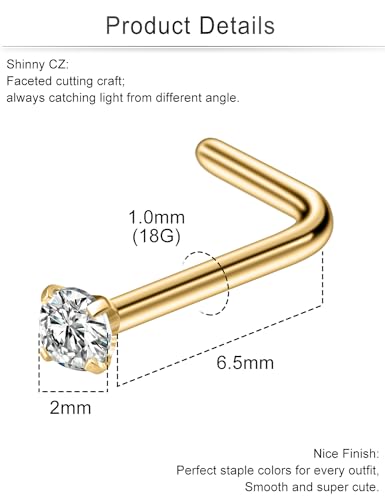 Cisyozi 18G Nose Rings Studs Hypoallergenic Nose Piercings 316L Surgical Steel Silver Nose Rings Set L Shaped Nose Nostril Piercing Jewelry for Women Men Diamond CZ 1.5mm 2mm 2.5mm 3mm 3.5mm 4mm - color: 18G - Gold- CZ 2mm