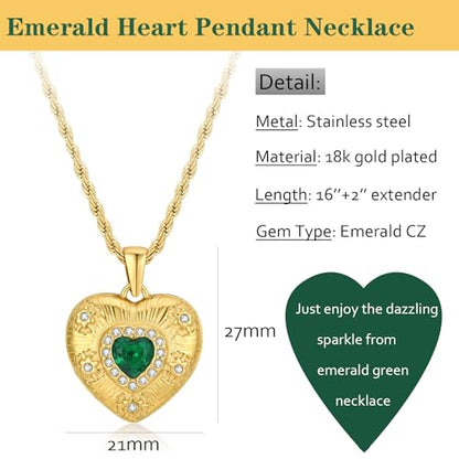 NUZON Sunburst Heart / 2-Tone Interlocking/CZ Evil Eye/Single Pearl/Love Heart Pendant Necklace for Women 14K Gold Chain Necklace Chunky Statement Jewelry - color: Emerald Heart