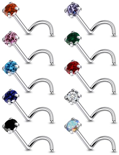 18G 20G 22G Astm F136 Titanium Nose Rings Studs Piercing Jewelry for Women Men Cubic Zirconia Nose Rings Nostril Piercing Jewelry Clear CZ 1.5mm 2mm 2.5mm 3mm 10PCS