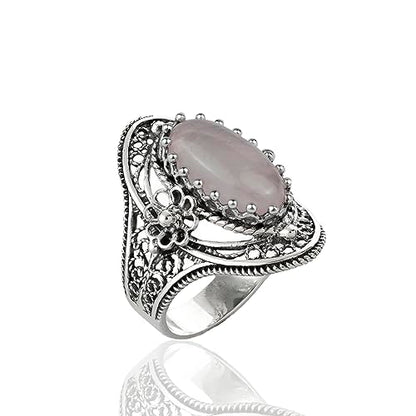 Filigranist 925 Sterling Silver Handcrafted Filigree Art Flower Pattern Woman Oval Statement Ring, Gift Boxed - color: Rose Quartz