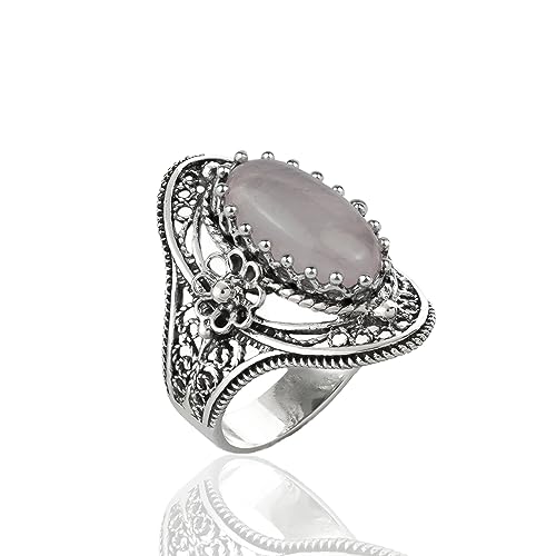 Filigranist 925 Sterling Silver Handcrafted Filigree Art Flower Pattern Woman Oval Statement Ring, Gift Boxed - color: Rose Quartz