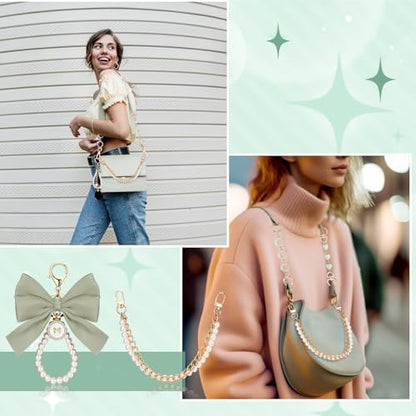Sureio 5 Pcs Bag Extender Chain Pearl Purse Chain Ribbon Bow Keychain Extender Bag Strap Purse Charms Accessories for Handbag - color: Green and Gold