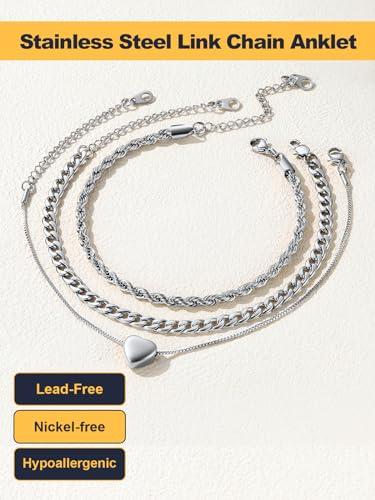 U7 2Pcs/3Pcs Ankle Bracelets for Women, Stainless Steel Cuban Link/Figaro/Rope/Heart Chain Anklets Sets,Waterproof Layered Anklets Adjustable 8.5"-10.5" - color: 04. 3Pcs Style B-Stainless Steel