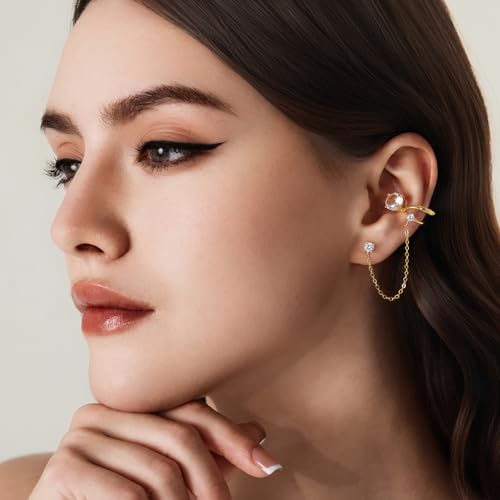 Cicy Bell Ear Cuff Earrings for Women Cubic Zirconia Stud Chain Earrings | 18k Gold Plated Clip On Climber earrings Non Piercing Waterproof Jewelry Gifts Birthday Party - color: Gold