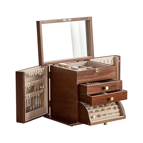 CHOSIN Black Walnut Wooden Jewelry Box for Women with Lock, Mirror, 4 Layer | Locking wity Key, 2 Drawers, Rotating Ring Holder, 2 Side Doors, Large Capacity for Necklaces, Earrings, Rings, Women Gifts - size: 4 Layer - Top & Side Lock