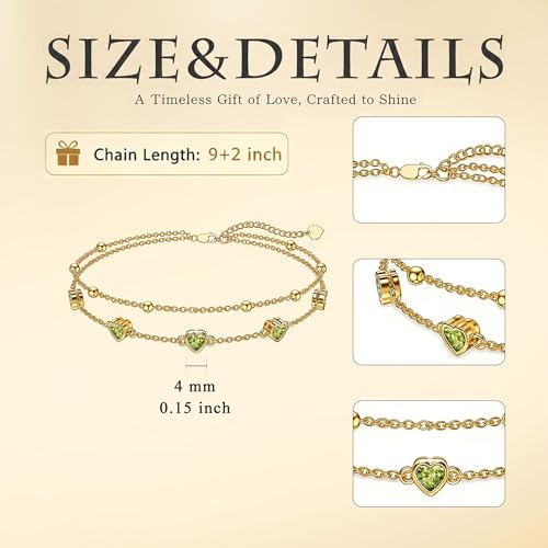 Midari 18K Yellow Gold Gemstone Birthstone Anklet Bracelet Heart Jewelry with 12 Months Birthstone Birthday Gifts for Women Wife Her Daughter Mom - color: 08-Aug-Peridot, size: Anklet 9"-11"