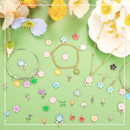 Mckanti 150Pcs 75 Pairs Spring Flower Charms for Jewelry Making and Bracelets, Wholesale Floral Assorted Enamel Mixed Bulk Metal Charms for DIY Necklace Bracelet Earring Jewelry Making and Crafting - style: Flower Charms