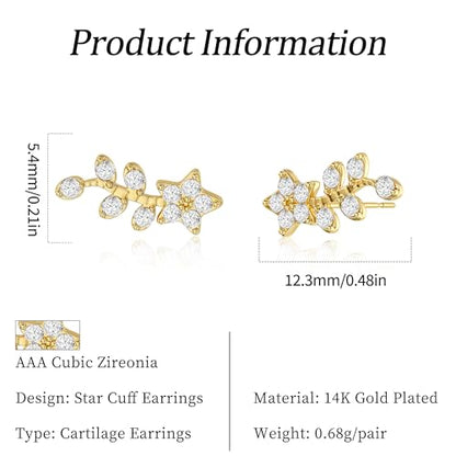 Star 14K Gold Plated Ear Cuff Earrings for Women Non Piercing, Dainty Silver Plated Clip on Cartilage Ear Cuff Non Pierced Trendy CZ Northstar Starburst Sparkling Climber Clawer Earring Jewelry - style: Flower Cluster-2