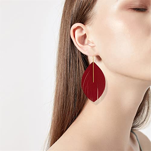 Bohemian Handmade Lightweight Color Large Genuine Soft Leather Fringe Feather Leaf Tear Dangle Drop Earrings for Women Statement - color: Red