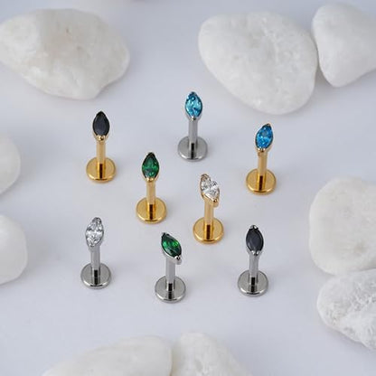 1PC Tragus Conch Helix Flat Labret Piercing Jewelry 16G 6mm 8mm - ASTM F136 Titanium Cartilage Earring Flatback Stud, Implant Grade Internally Threaded Hypoallergenic Body Jewelry (Clear CZ) - color: Blue Marquise CZ - Gold