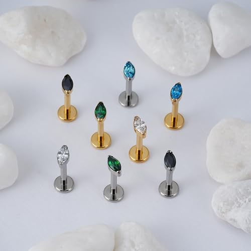 1PC Tragus Conch Helix Flat Labret Piercing Jewelry 16G 6mm 8mm - ASTM F136 Titanium Cartilage Earring Flatback Stud, Implant Grade Internally Threaded Hypoallergenic Body Jewelry (Clear CZ) - color: Black Marquise CZ - Tit