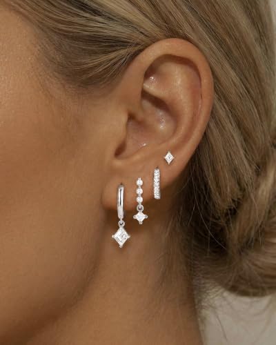 Gold Silver Earrings for Women Trendy 14K Gold Plated Dangle Hypoallergenic Cartilage Earrings Small 925 Sterling Silver Post Dainty Hoop Drop Pearl Earring Stacks Set Huggie Chain Earrings Jewelry - color: C-Huggie Earrings-Sliver