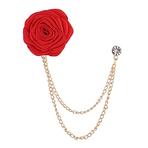 Bridegroom Wedding Brooch, Rose Flower Brooch Lapel Pin Badge Tassel Chain for Men Suit Accessories, Cloth Art Handmade Jewelry - color: Red