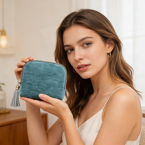 Women's Coin Purses Velvet Mini Travel Jewelry Case Bag with Tassel - color: A-Mint Green