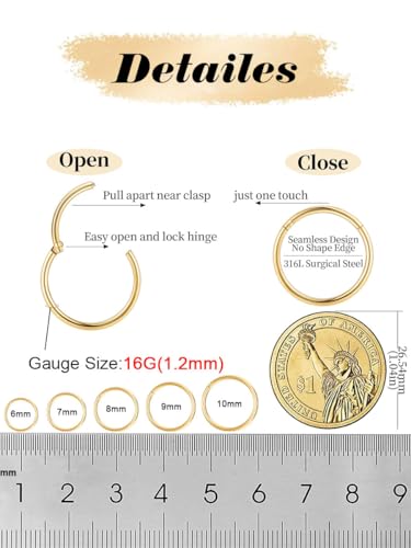 AMASIS Nose Rings and Nose Studs Set, Stainless Steel Hinged Nose Hoops and CZ Studs, Select Sizes and Styles for Nostril Septum Cartilage Piercing Jewelry - color: Gold, size: 2-Piece Hoops,16Gauge,9mm
