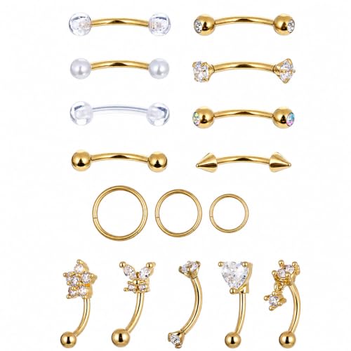 16 Pcs Rook Piercing Jewelry Eyebrow Piercing Stainless Steel Vertical Labret Lip Jewelry 16G Gold Cartilage Curved Barbell Daith Surface Tragus Belly Lip Ring Body Piercing Jewelry for Women