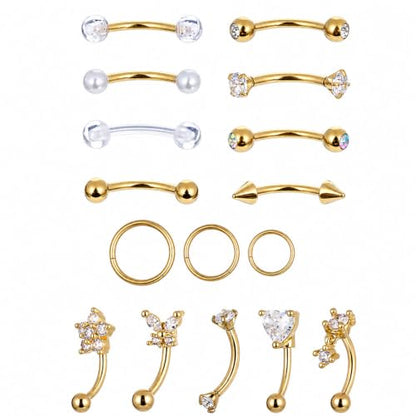 16 Pcs Rook Piercing Jewelry Eyebrow Piercing Stainless Steel Vertical Labret Lip Jewelry 16G Gold Cartilage Curved Barbell Daith Surface Tragus Belly Lip Ring Body Piercing Jewelry for Women