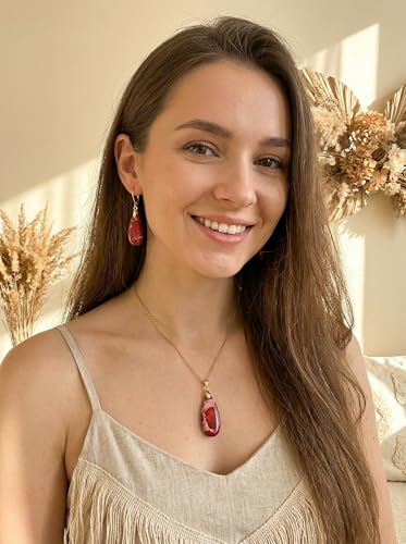 Natural Healing Teardrop Stone Leverback Dangle Drop Earrings Statement Gold earrings - color: Red -Gold