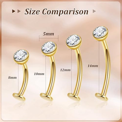 NICEIGHT 14G F136 Pure Titanium Floating Belly Button Rings for Women Petite Flat Back CZ Belly Rings Opal Barbell Heart Curved Navel Ring Internally Threaded Belly Piercing Jewelry 8/10/12/14mm - color: Gold-Round CZ, size: 14mm (Longer)