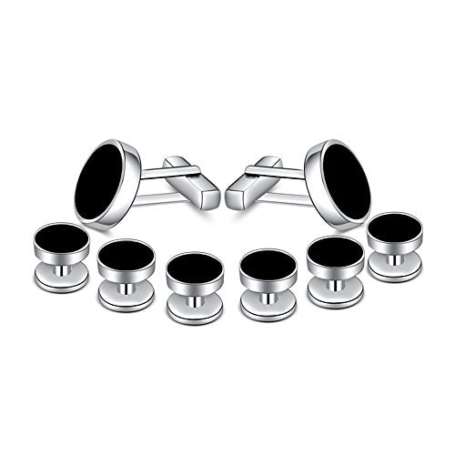 Mens Onyx Cufflinks and Studs Set Silver Black Cufflinks for Men Tuxedo Shirts Business Wedding Gift