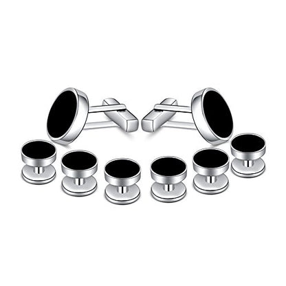 Mens Onyx Cufflinks and Studs Set Silver Black Cufflinks for Men Tuxedo Shirts Business Wedding Gift