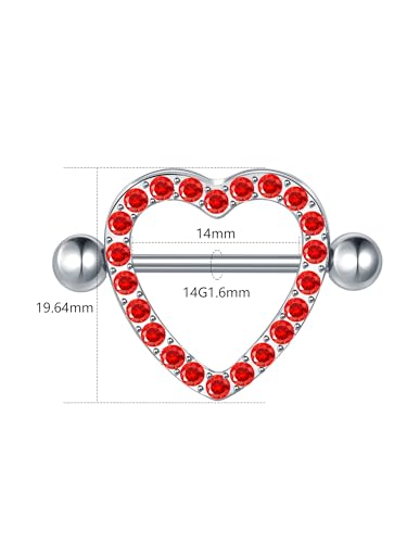 Oveta Heart Nipple Rings Surgical Steel 14G, Cute Internally Threaded Nipple Piercing Jewelry Barbells 14mm for Women, Silver/Gold, 2PCS - color: Red CZ
