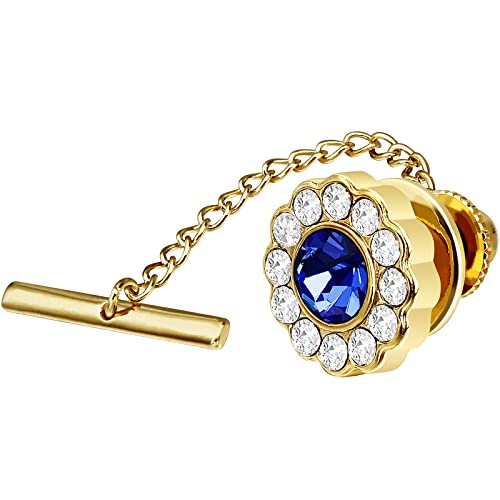 AMITER Crystal/Pearl Tie Tack with Chain, Gold Mens Tie Pin Necktie Pins Lapel Pin for Wedding Birthday Anniversary Party - color: 24k Gold+Blue Crystal
