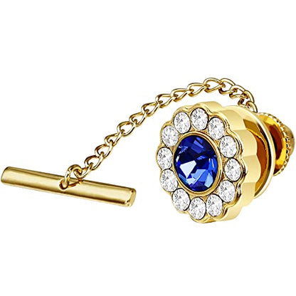 AMITER Crystal/Pearl Tie Tack with Chain, Gold Mens Tie Pin Necktie Pins Lapel Pin for Wedding Birthday Anniversary Party - color: 24k Gold+Blue Crystal